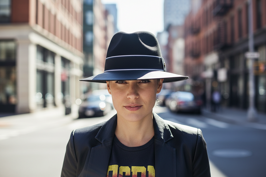 Black fedora hat with a wide brim on a white background