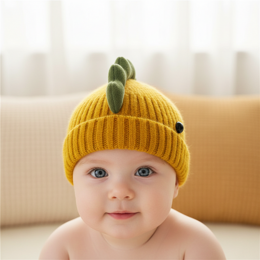 A child wearing a yellow knitted hat with a dinosaur pattern on the side.