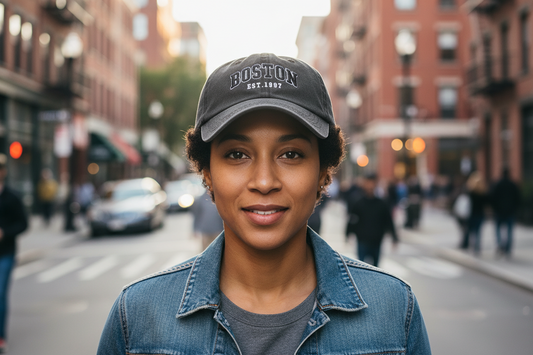 Black cap with 'BOSTON EST. 1997' text on a white background