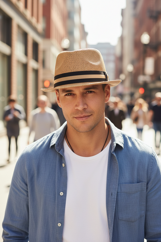 Beige straw hat with a black and beige band on a white background