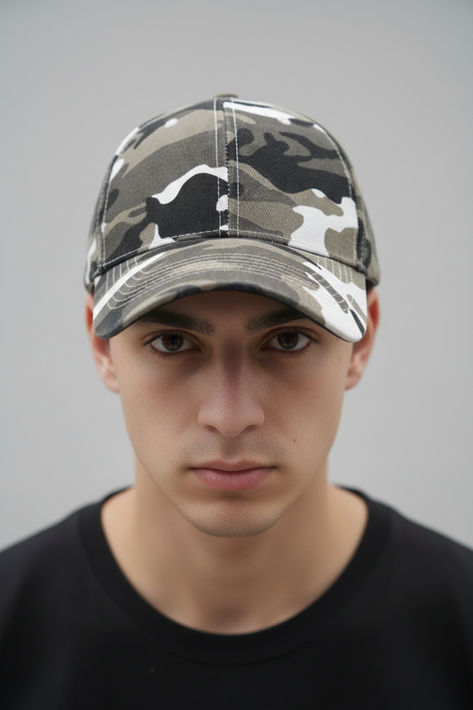Camouflage-patterned baseball cap on a white background