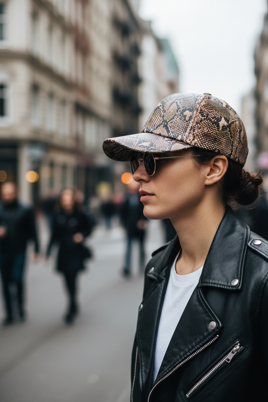 Snakeskin-patterned cap on a light gray background