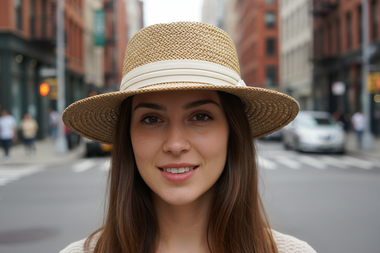 Beige straw hat with a white band on a white background