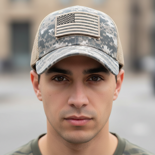 A collection of baseball caps in various colors, with an American flag design on the front.