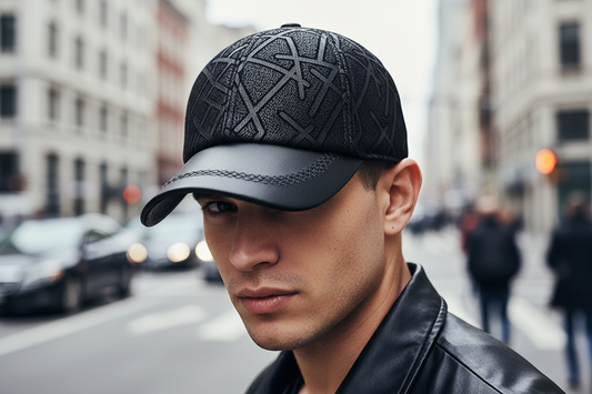 Black textured baseball cap on a white background