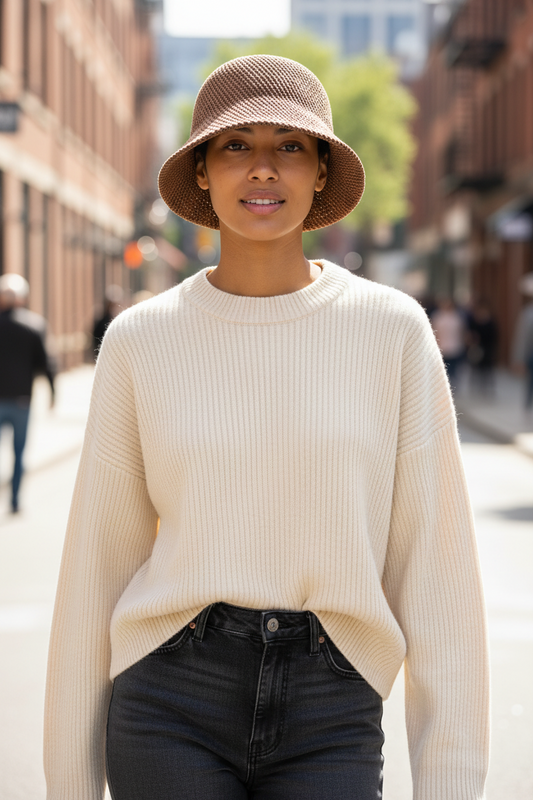 Brown woven bucket hat on a Gucci branded stand against a gray curtain background