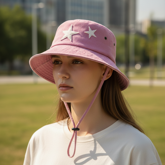 Pink bucket hat with star decorations on a light gray background