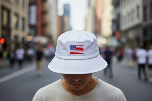 White bucket hat with American flag patch on a white background