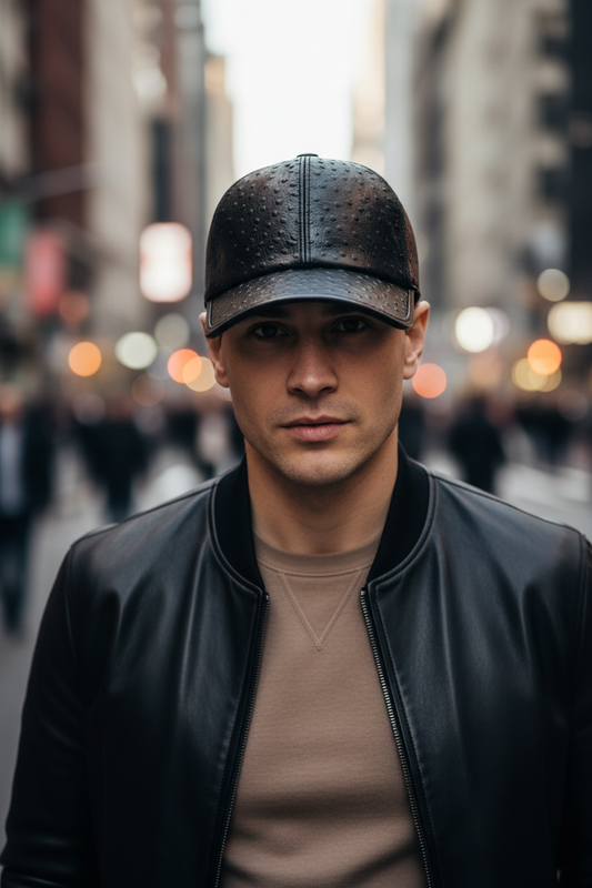 Black textured leather baseball cap on a white background