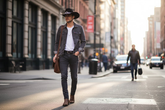 Black cowboy hat with a decorative band on a white background