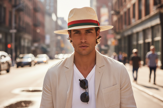 A beige straw sun hat with a red and green band around the crown.