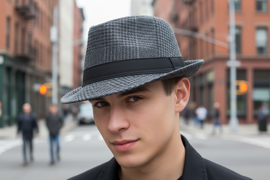Gray checkered fedora hat with a black band on a white background