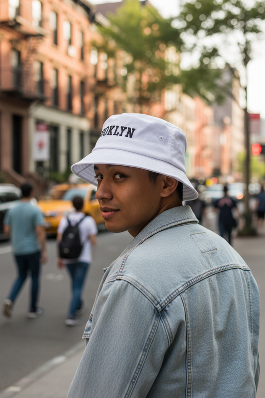 White bucket hat with 'Brooklyn' text on a black frame against a white background