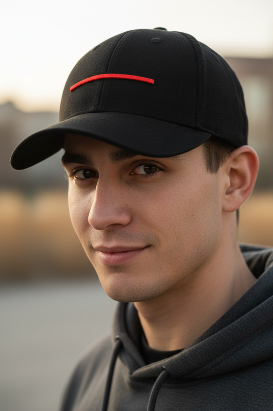 Black cap with a red stripe on a white background