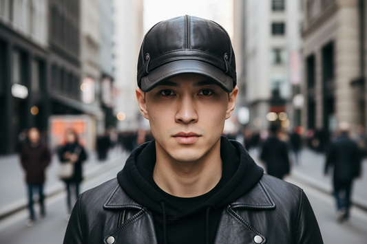 Black leather baseball cap on a white background