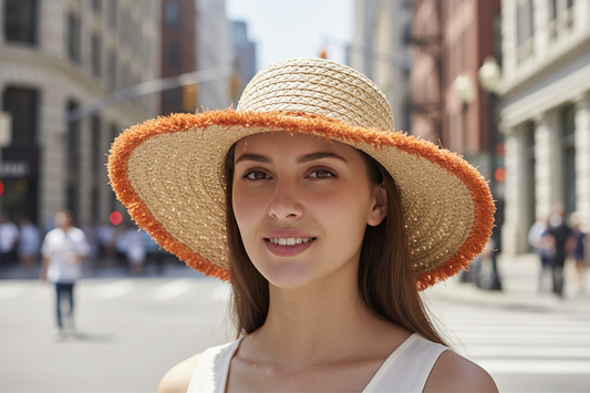 Beige straw hat with brown rim on a white surface