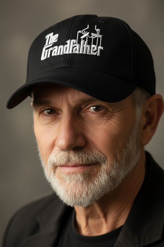 Black cap with 'The Grandfather' logo on a white background