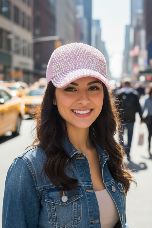 Pink cap with rhinestone embellishments on a white background