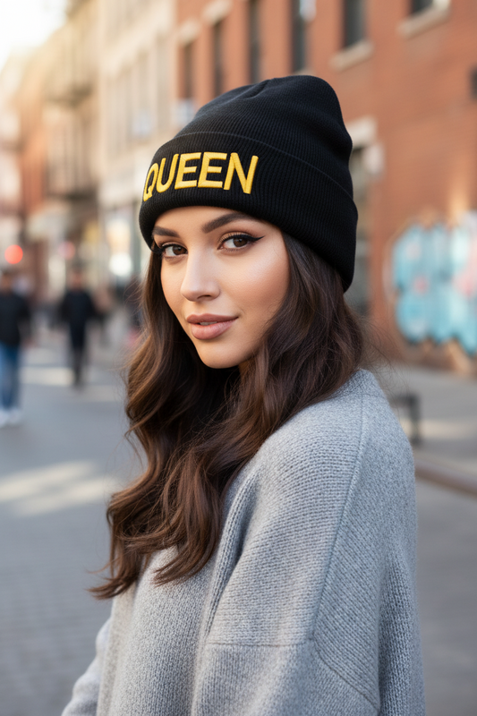 Queen and King Embroidered Knit Stocking Cap – Size M