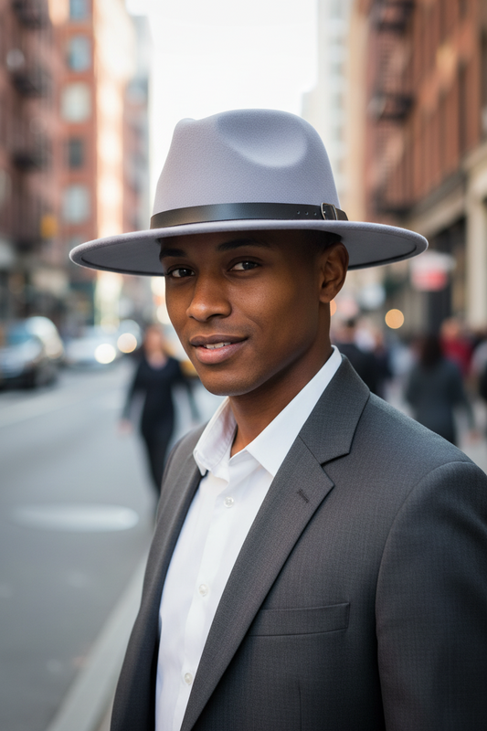 A red woolen jazz hat with a black belt and buckle around the base.