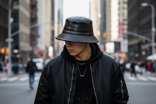 Black leather bucket hat on a white background