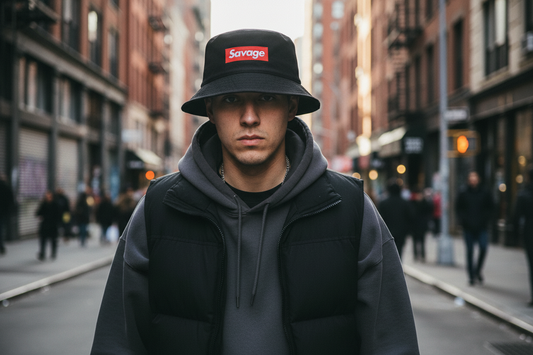 Black bucket hat with a red 'Savage' logo on a white background