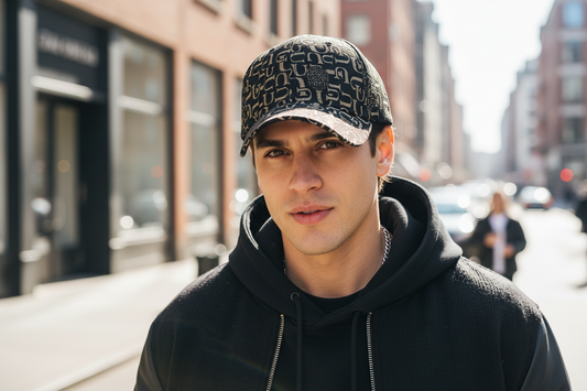 A collection of baseball caps in various colors, featuring a geometric pattern.