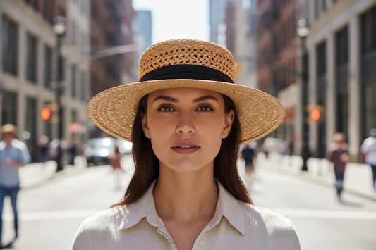 Beige straw hat with a black band on a white background