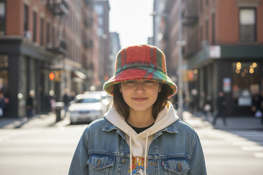 Colorful plaid bucket hat on a gold stand against a white background