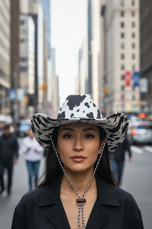 Cowboy hat with a milk print pattern, featuring a flat brim, dome shape, and a chin strap.