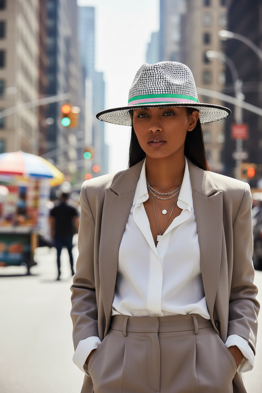 Silver rhinestone hat with a green and pink band on a white background