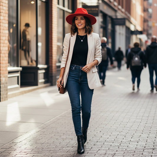 Red hat with a black band on a white background