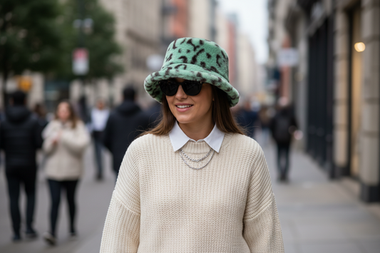 Green fuzzy bucket hat with brown spots on a white background