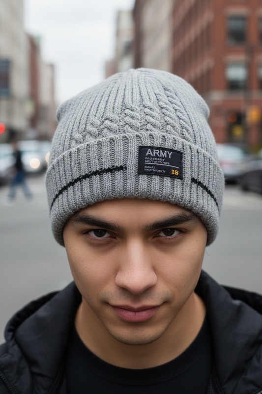 Gray knit beanie with 'ARMY' label on a white background