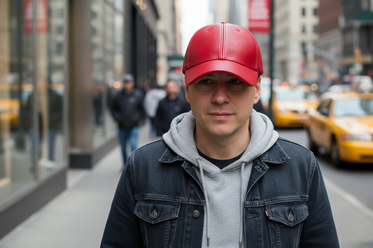 A red leather baseball cap with a round top and big brim.