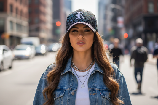 A beige baseball cap with black embroidered letters and a gold logo on the front.