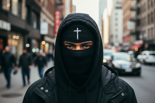 Black and white balaclavas with a cross symbol on a white background