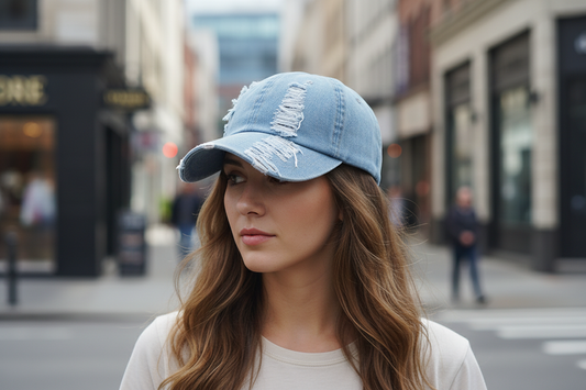 Light blue denim cap with distressed design on a white background