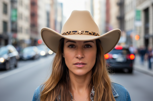 Tan cowboy hat with a leopard print band on a white background