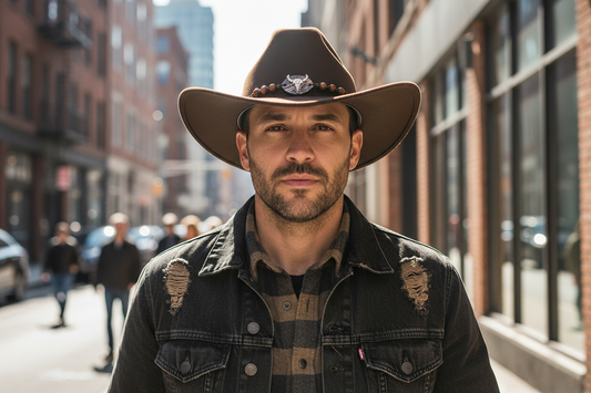 Brown cowboy hat with decorative band on a white background