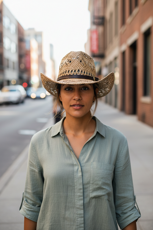 Woven straw cowboy hat with a black band on a white background