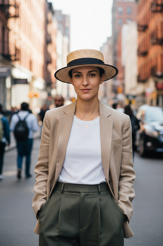 Woven straw hat with a black band on a light gray background