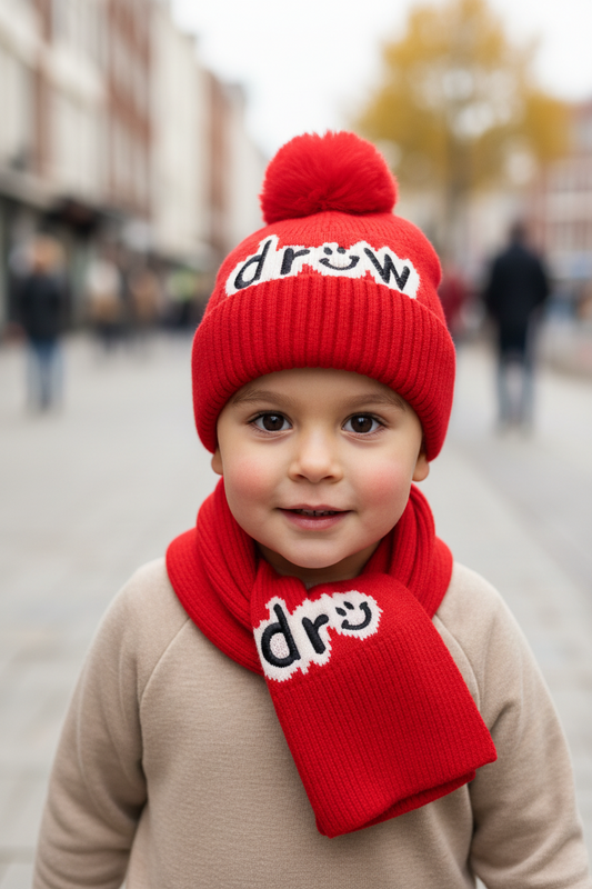 Red children's hat set with a pom-pom on a beige background