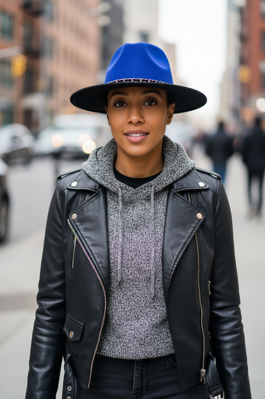 Blue fedora hat with a gold chain on a white background