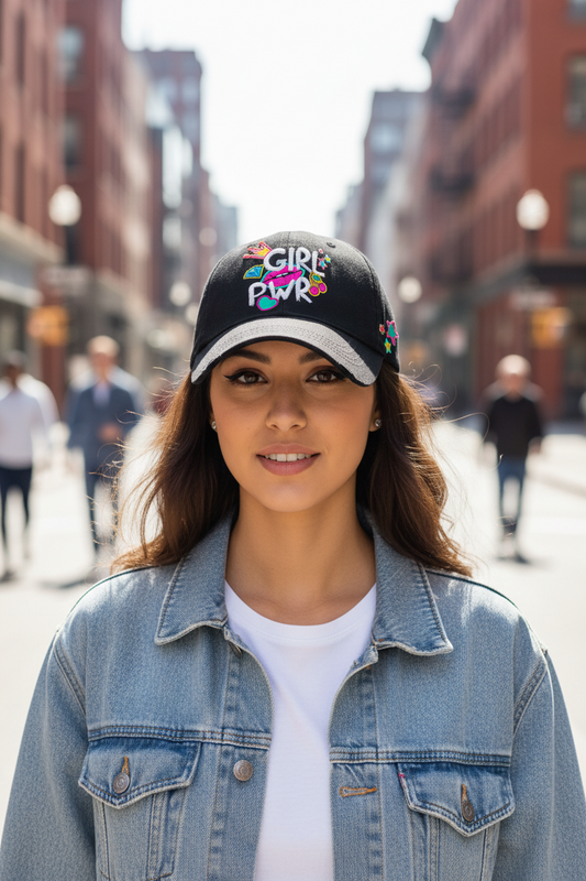 Black cap with 'Girl PWR' text and colorful graphics on a white background