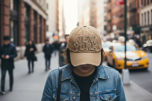 A black baseball cap with a distressed design and the text 'NEW YORK' embroidered on the front.