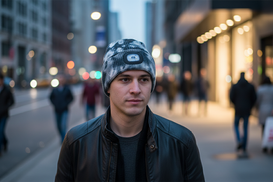 Tie-dye beanie with a built-in LED light on a white background