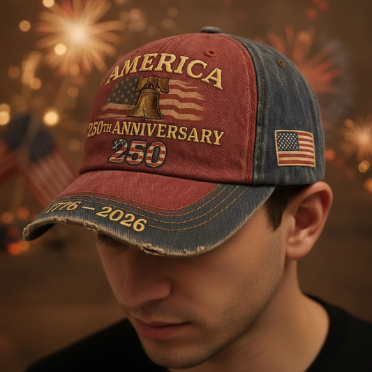 Cap celebrating America's 250th anniversary with an American flag design on a wooden surface.