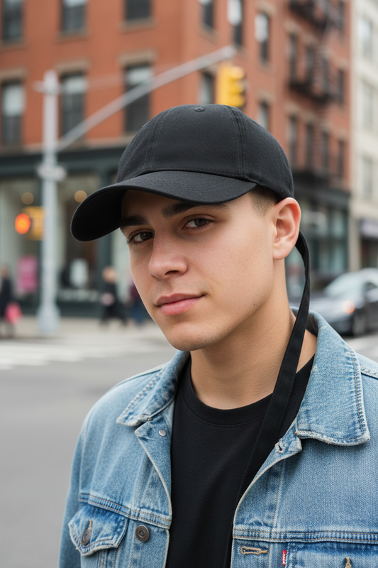 Three baseball caps in beige, white, and black colors with long straps, displayed side by side.