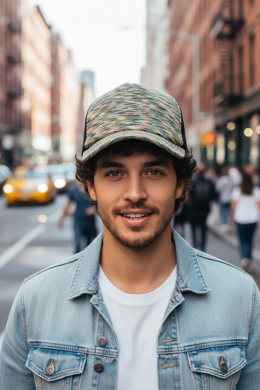 Multicolored patterned cap with black mesh back on a white background
